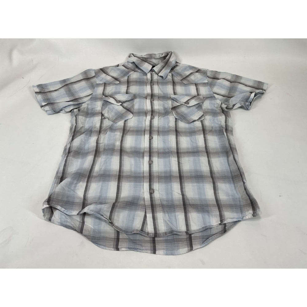 BKE Buckle Contour Button Up Snap Front Short Sleeve Plaid Shirt Mens M Blue